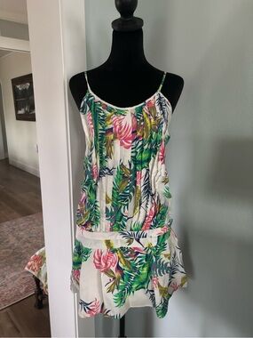 Miriam Rocha Tropical drop waist  Mini Dress - White with Green & Pink small EUC